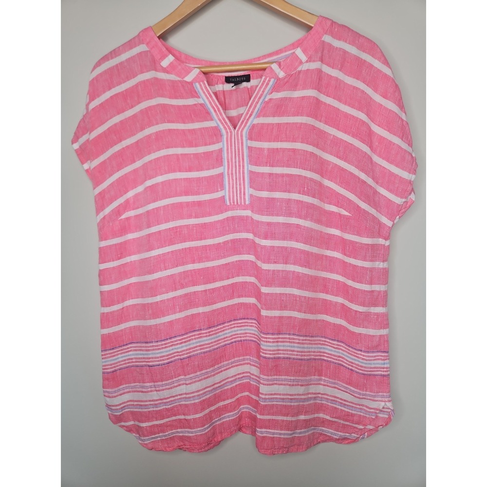 Talbots Linen Popover Top M Pink Boardwalk Stripe Coastal Beach Vacation Preppy